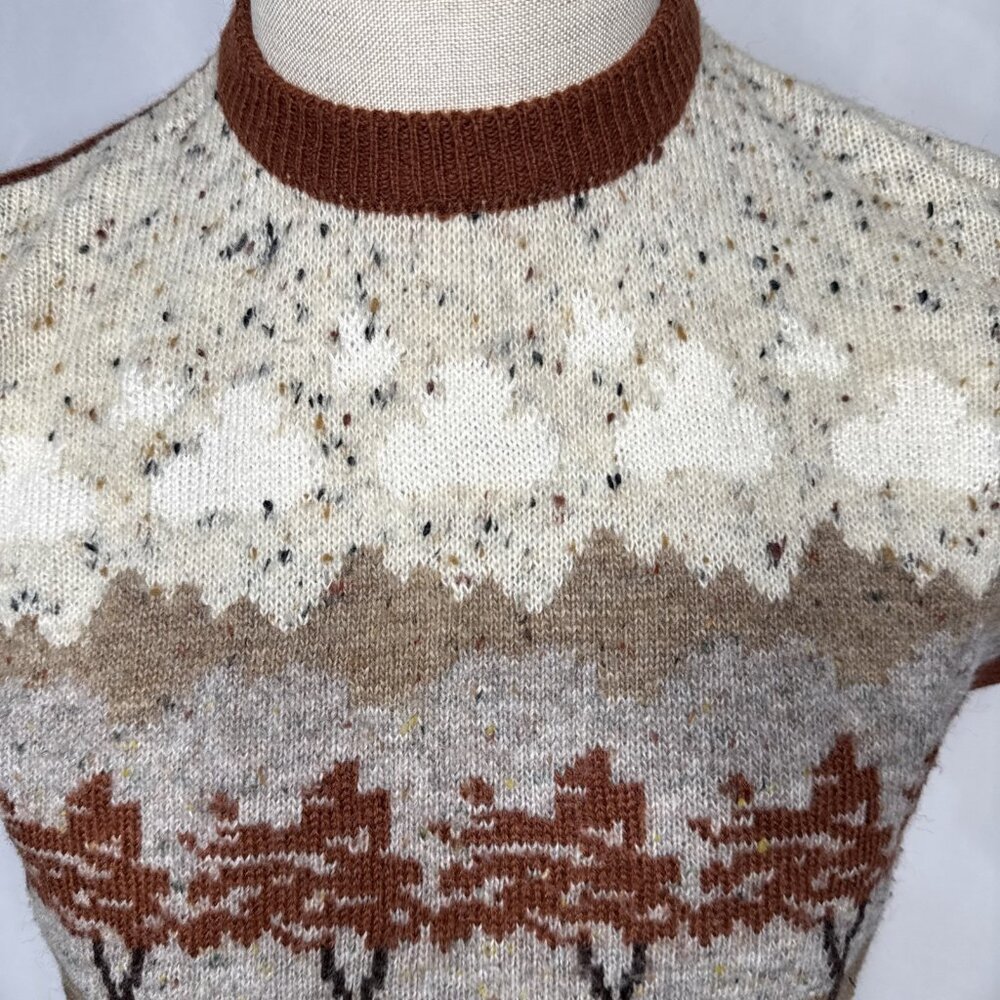 Vintage Sheep Wool Sweater Vest Sz L Brown Trees Grannycore Grandma Cottagecore - Picture 2 of 7